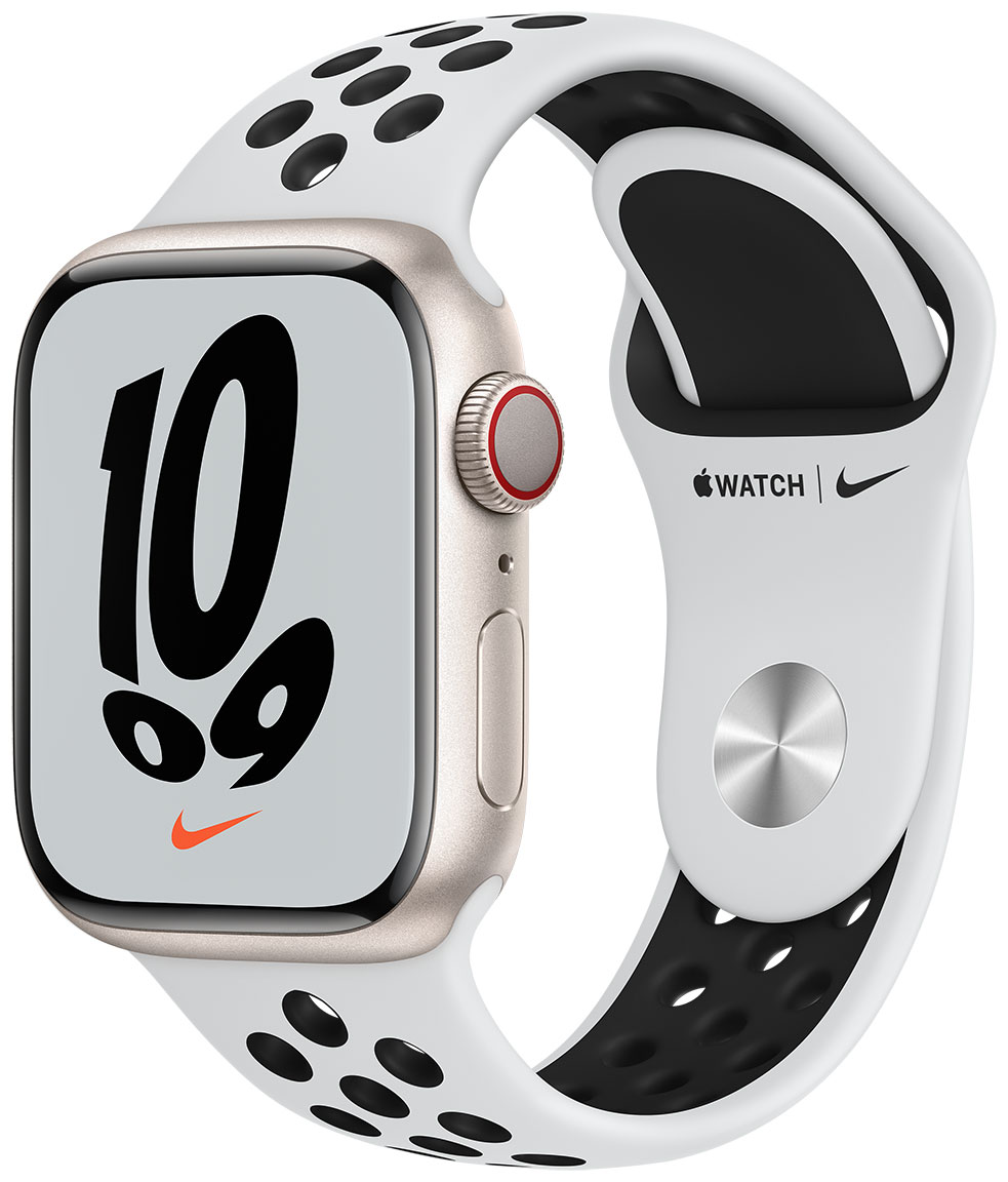 Apple Watch Nike Series 7 GPS + Cellular stjärnglans aluminiumboett 41 mm  Pure Platinum/svart Nike sportband MKJ33KS/A - klockmagasinet.com