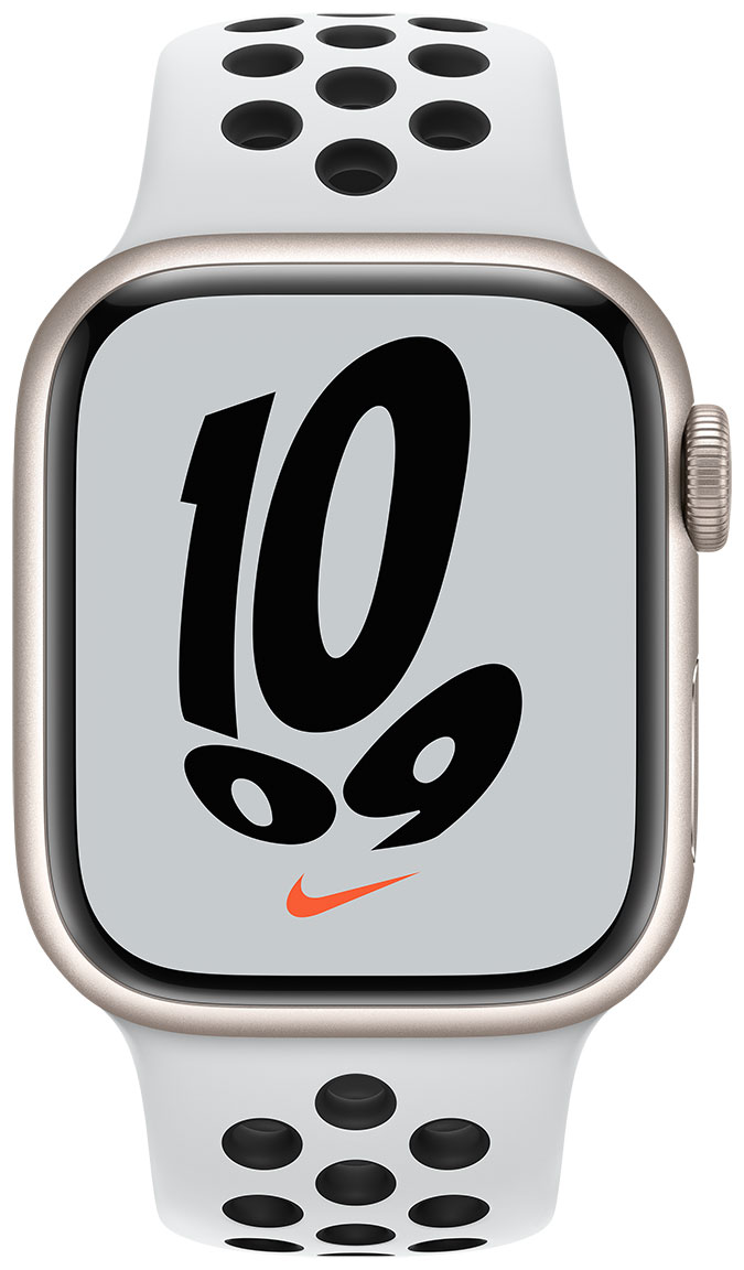 Apple Watch Nike Series 7 GPS + Cellular stjärnglans aluminiumboett 41 mm  Pure Platinum/svart Nike sportband MKJ33KS/A - klockmagasinet.com