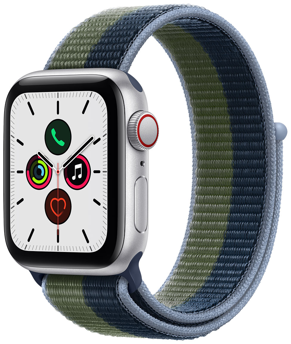 Apple Watch SE GPS + Cellular aluminiumboett i silver 40 mm  bläckblå/mossgrön Sport Loop armband MKQW3KS/A - klockmagasinet.com